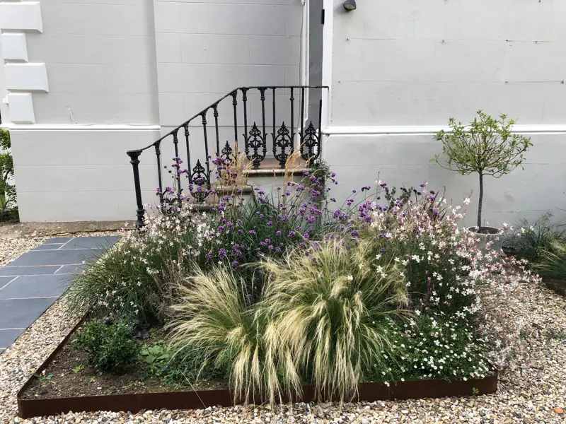 After: a corten-edged bed of feathery grasses and gaura in front of the townhouse